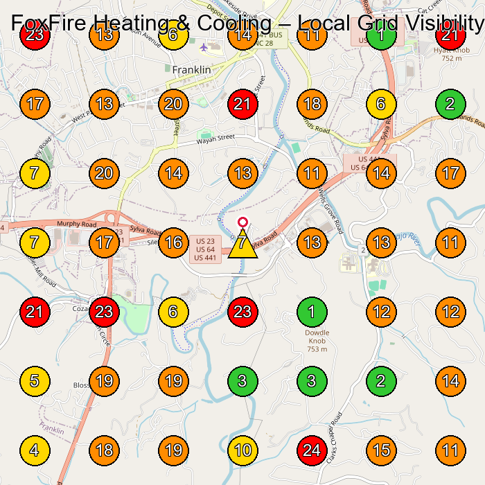 FoxFire Heating & Cooling Hvac Contractor GeoGrid ranking map for Franklin NC